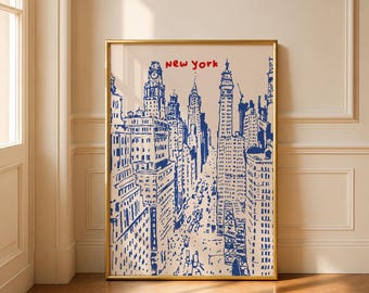 Blue New York City Travel Print, New York Poster, NYC Hand Drawn Print, Trendy Ink Bleed Style Poster, New York Skyline Print