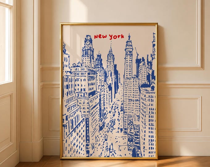 Blue New York City Travel Print, New York Poster, NYC Hand Drawn Print, Trendy Ink Bleed Style Poster, New York Skyline Print