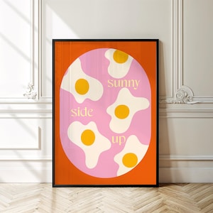 Sunny Side Up Retro Print, Printable Breakfast Kitchen Decor, Funny Food Art for Apartment, Colorful Breakfast Poster, Playful Pop Art Food