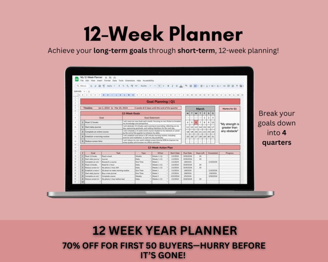 12 Week Year Planner in Google Sheets, Quarterly Planner, Goal Planner ...
