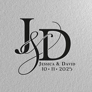 May include: Black and white monogram with the letters "J" and "D" intertwined. The text "Jessica & David 10.11.2025" is below the monogram.