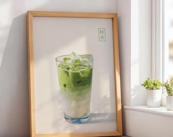 Iced Matcha Latte Printable Wall Art | Japanese Minimalist Kitchen Poster | Matcha Tea Illustration | Modern Cafe Drink Decor | 抹茶 Art Print