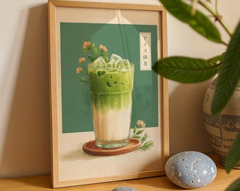 Iced Matcha Girlie Digital Art Print | Ceremonial Matcha Mornings | Green Tea Wall Art | Aesthetic Kitchen Corner | Digital Download Poster