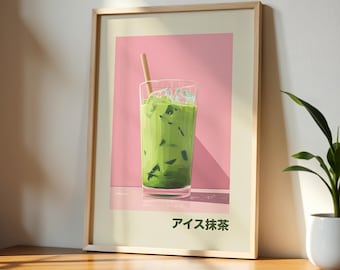 Cute Iced Matcha Print | Pink Kitchen Decor | Matcha Wall Art | Coffee Bar Poster | Green Tea Digital Download | Trendy Iced Matcha Art