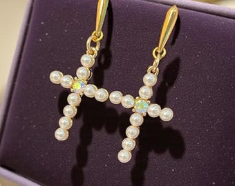 Gold Cross Earring Pearl Design Statement Piece Faith Jewelry Women Gift Elegant Accessory Dangle Style Trendy Fashion Religious Charm