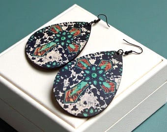 Turquoise Cross Earring Wooden Teardrop Bohemian Dangle Religious Statement Piece Jewelry Hypoallergenic Steel Blue Faith Pendant Design