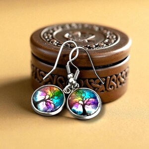 Rainbow Tree Earring Spiritual Jewelry Handmade Bohemian Glass Cabochon Nature Inspired Accessory Design Silhouette Dangle Statement Piece