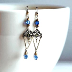 Blue Crystal Dangle Earrings Art Deco Style Handmade Boho Chic Jewelry Gift For Her Filigree Drop Earrings For Evening Out