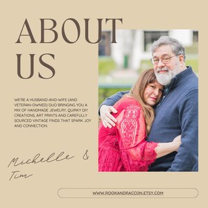 May include: Image featuring the text "ABOUT US" and a photo of a couple embracing. The text below states they offer handmade jewelry, quirky DIY creations, art prints, and vintage finds. The website address is also included.