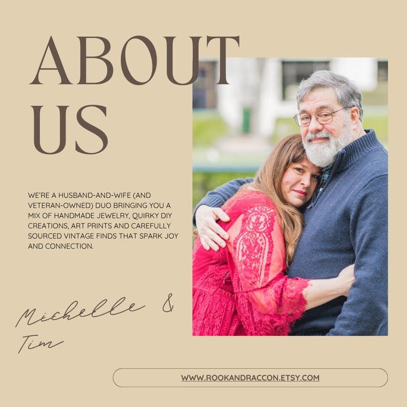 May include: Image featuring the text "ABOUT US" and a photo of a couple embracing. The text below states they offer handmade jewelry, quirky DIY creations, art prints, and vintage finds. The website address is also included.