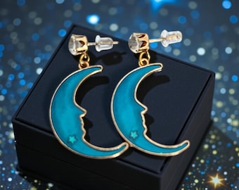 Celestial Moon Earring Dangle Design Boho Style Turquoise Crescent Phase Witch Jewelry Statement Piece Blue Accessory Bohemian Fashion