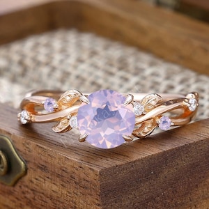 Natural Inspired Lavender Amethyst Engagement Ring Round 1CT Lavender Amethyst Ring Leaf Women Ring Anniversary Ring Birthstone Jewelry