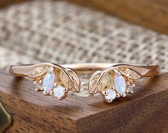 Vintage White Opal Wedding Band Rose Gold Solid Rose Gold Leaf Branch Matching Band Marquise White Opal Band Stacking Opal Anniversary Ring