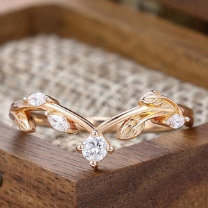 Art Deco Leaf Stacking Matching Band Vintage Moissanite Branch Promise Band For Women Unique Rose Gold Wedding Band Vine Curved Custom Band