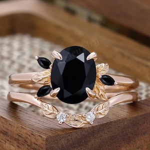 Natural Onyx Bridal Set Rose Gold Stacking Leaf Wedding Ring Set Unique Promise Ring Set Oval Cut Black Onyx Engagement Ring Set Onyx Rings