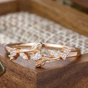 Leaf Floral Moissanite Wedding Ring Vintage Twig Branch Wedding Band 14K Rose Gold Vine Ring Anniversary Ring Gift Leaves Ring Art Deco Ring