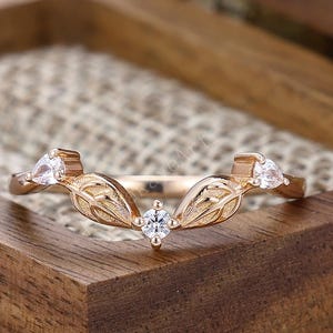 Unique Moissanite Curved Wedding Band Minimalist Leaf Matching Band Antique Floral Twig Stacking Wedding Band Anniversary Ring Gift For Her