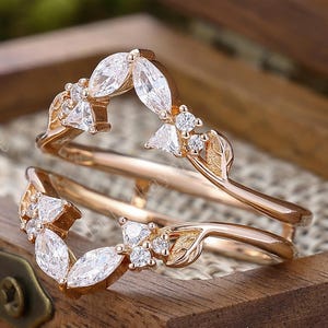 Art Deco Leaf Branch Wedding Ring 14k Rose Gold Vintage Moissanite Matching Band Stackable Enhancer Band Ring Twig Women Engagement Band
