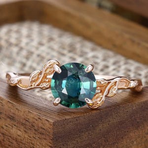 Leaf Blue Green Sapphire Wedding Ring Unique Thin Band Ring Round Cut 7mm Teal Sapphire Engagement Ring 14K Rose Gold Sapphire Jewelry Ring