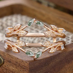 Natural Inspired Moss Agate Wedding Band Enhancer Marquise Cut Moss Agate Ring Rose Gold Leaf Double Ring Branch  Moss Agate Stacking Band