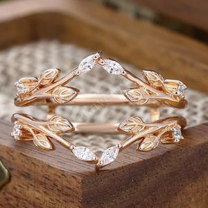 Enhancer Wedding Band Unique Double Ring For Women Delicate Handmade Band Ring Leaf Enhancer Matching Band Solid Rose Gold Band Ring Vintage