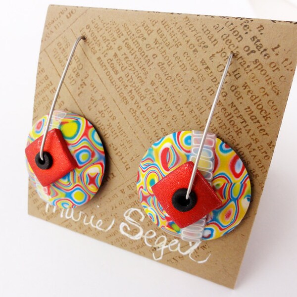 Polymer clay disk earrings Bauhaus school 4 in red, yellow, and blue by Marie Segal 2014