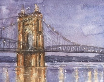 Roebling Bridge at Night, Cincinnati Landmarks, Watercolor Art