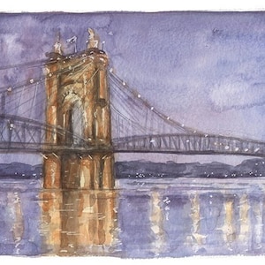 Roebling Bridge at Night, Cincinnati Landmarks, Watercolor Art