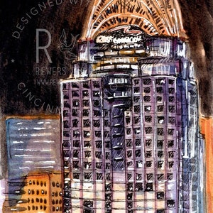 Bengals, Who Dey Great American Building Watercolor Print, Cincinnati, Ohio
