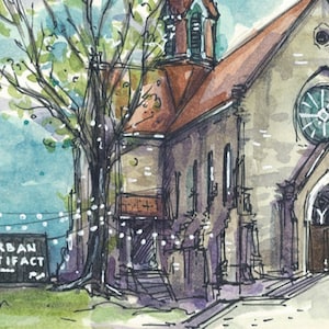 May include: A watercolor painting of a building with a large window and a sign that reads "Urban Artifact". The building is surrounded by trees and string lights.