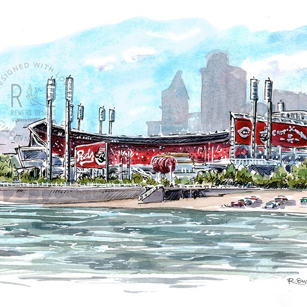 Cincinnati Reds, Great American Ball Park, Watercolor Art