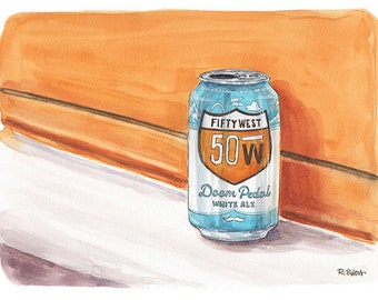 Fifty West Doom Pedal Beer Can Watercolor Print, Cincinnati Beer, Brewery, Art