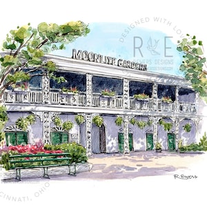 May include: Watercolor illustration of a building with a sign that reads "MOONLITE GARDENS". The building has a white facade with green trim and a balcony. There are flowers and plants hanging from the balcony. A green bench sits in front of the building.