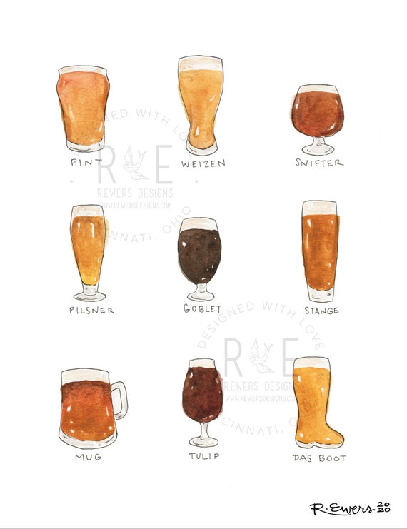 Biergläser Aquarell Kunstdruck, Biersorten