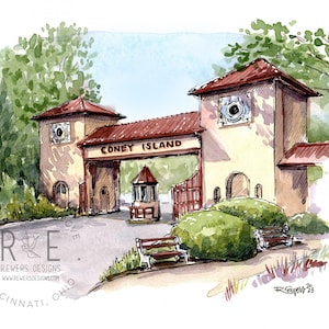 May include: A watercolor painting of the entrance to Coney Island amusement park. The entrance is a large archway with the words "Coney Island" written in red letters. There are two smaller towers on either side of the archway, and a small ticket booth in the center. The painting is done in a realistic style, with a lot of detail in the architecture and the foliage.