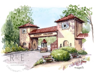 Coney Island Water Park, Sunlite Pool, Cincinnati, Watercolor Art