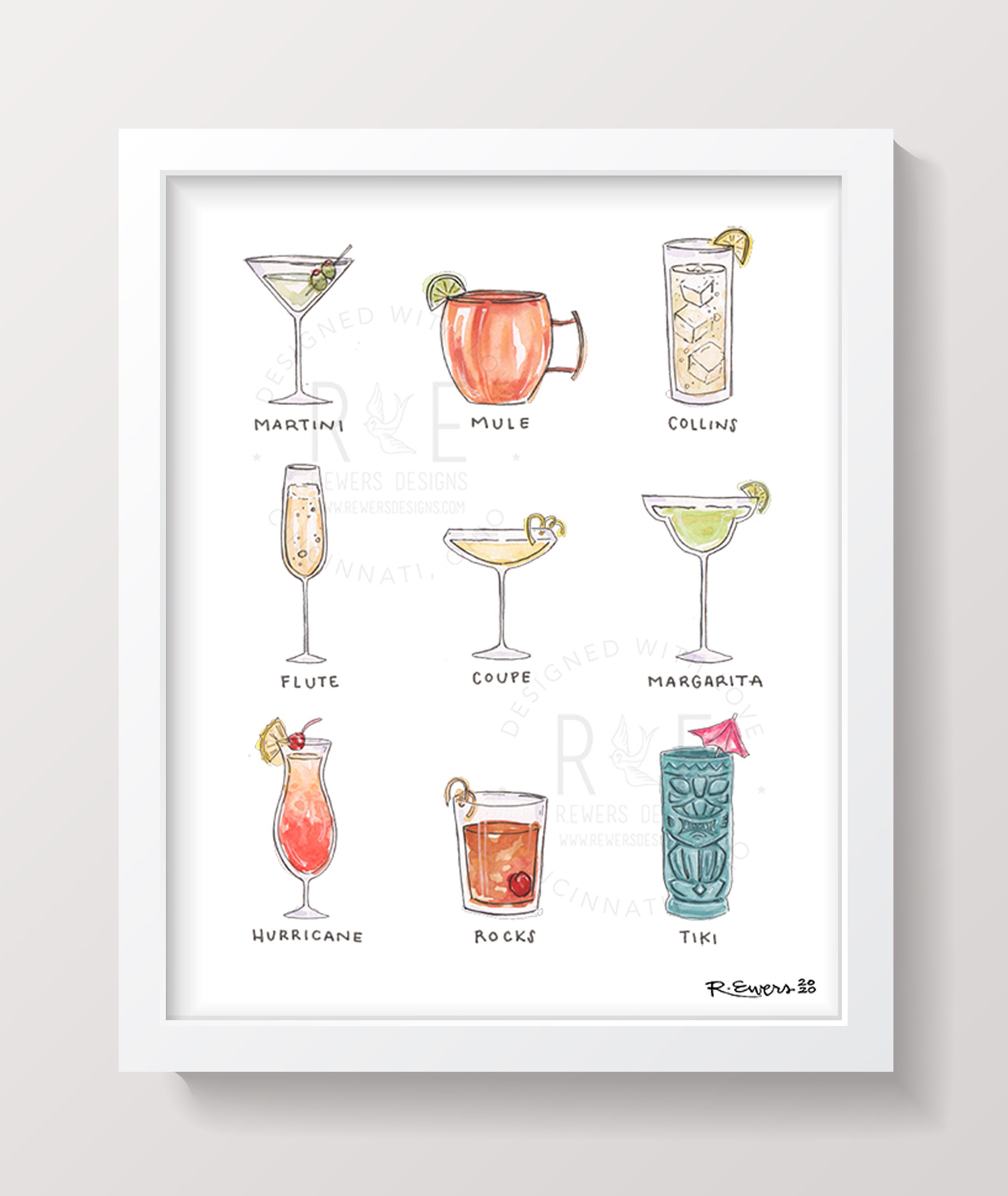 Cocktail Glasses Art Print, Watercolor, Types of Cocktail Glasses