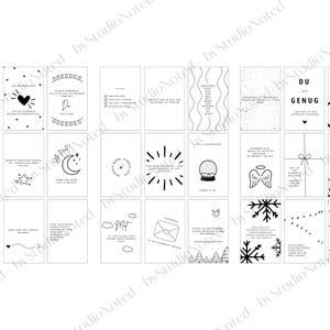 May include: A collection of small, rectangular cards with black and white illustrations and text. The cards feature various designs, including hearts, keys, stars, and snowflakes. Some cards have handwritten text.