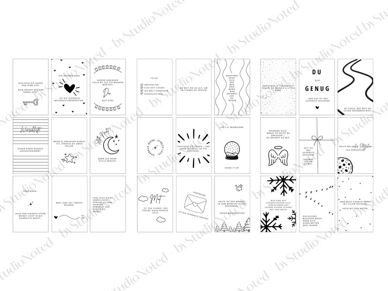 May include: A collection of small, rectangular cards with black and white illustrations and text. The cards feature various designs, including hearts, keys, stars, and snowflakes. Some cards have handwritten text.
