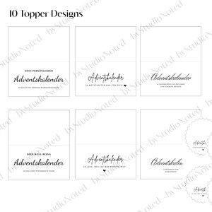 May include: A collection of ten Advent calendar topper designs in black script on white backgrounds. The designs include text such as "Your Personal Advent Calendar" and "24 messages just for you."