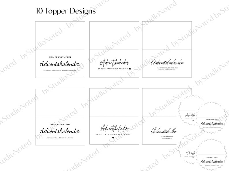 May include: A collection of ten Advent calendar topper designs in black script on white backgrounds. The designs include text such as "Your Personal Advent Calendar" and "24 messages just for you."