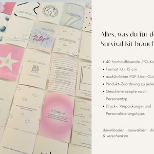 Op de afbeelding: Een verzameling van veertig rechthoekige kaarten met diverse grafische ontwerpen, waaronder een roze ster, smileys, wolken en tekst. Aan de rechterkant staat Duitse tekst met productdetails zoals 40 hoge resolutie JPG-kaarten, 10 x 15 cm formaat, een PDF-gebruikershandleiding, cadeau-recepten en printtips.