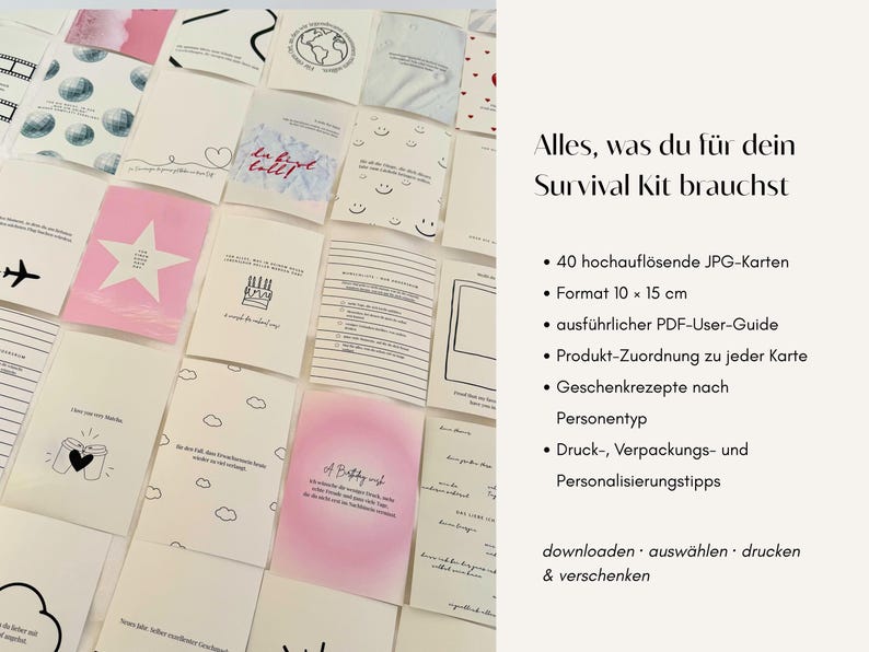 Op de afbeelding: Een verzameling van veertig rechthoekige kaarten met diverse grafische ontwerpen, waaronder een roze ster, smileys, wolken en tekst. Aan de rechterkant staat Duitse tekst met productdetails zoals 40 hoge resolutie JPG-kaarten, 10 x 15 cm formaat, een PDF-gebruikershandleiding, cadeau-recepten en printtips.