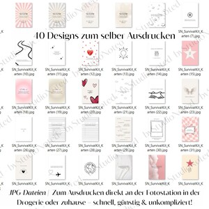 Op de afbeelding: Een verzameling van 40 rechthoekige kaarten met diverse grafische ontwerpen, waaronder harten, sterren, zonnen en tekst, gerangschikt in een raster. De tekst "40 Designs zum selber Ausdrucken" en "JPG-Dateien | Zum Ausdrucken direkt an der Fotostation in der Drogerie oder zuhause &ndash; schnell, g&uuml;nstig & unkompliziert!" is zichtbaar.
