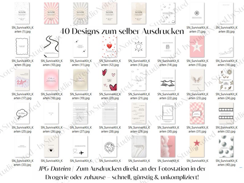 Op de afbeelding: Een verzameling van 40 rechthoekige kaarten met diverse grafische ontwerpen, waaronder harten, sterren, zonnen en tekst, gerangschikt in een raster. De tekst "40 Designs zum selber Ausdrucken" en "JPG-Dateien | Zum Ausdrucken direkt an der Fotostation in der Drogerie oder zuhause &ndash; schnell, g&uuml;nstig & unkompliziert!" is zichtbaar.