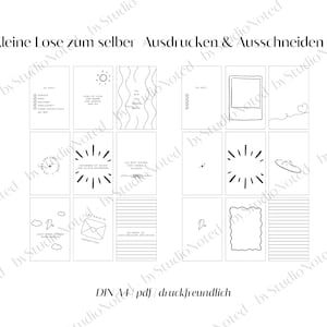 K&ouml;nnte beinhalten: Ein wei&szlig;es, bedruckbares Blatt mit verschiedenen kleinen, schwarz umrandeten Karten. Die Karten zeigen Illustrationen einer Sonne, Wellen und eines Polaroid-Rahmens. Text auf Deutsch ist ebenfalls vorhanden. Das Blatt tr&auml;gt die Aufschrift "Kleine Lose zum selber Ausdrucken & Ausschneiden."