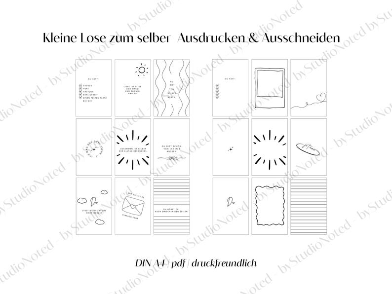 K&ouml;nnte beinhalten: Ein wei&szlig;es, bedruckbares Blatt mit verschiedenen kleinen, schwarz umrandeten Karten. Die Karten zeigen Illustrationen einer Sonne, Wellen und eines Polaroid-Rahmens. Text auf Deutsch ist ebenfalls vorhanden. Das Blatt tr&auml;gt die Aufschrift "Kleine Lose zum selber Ausdrucken & Ausschneiden."