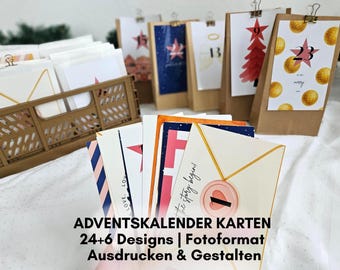 Adventskalender Karten | 24+6 festliche Designs im Fotoformat (10x15cm) | Zum Ausdrucken & Gestalten |  liebevolle Weihnachtsillustrationen