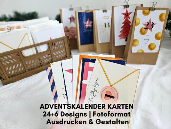 Adventskalender Karten | 24+6 festliche Designs im Fotoformat (10x15cm) | Zum Ausdrucken & Gestalten |  liebevolle Weihnachtsillustrationen