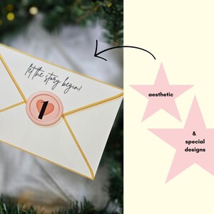 May include: A white envelope with gold trim and the text "Let the story begin!" is held by a hand. A pink wax seal with a heart and the number 1 is on the envelope. The image also includes two pink star shapes with the words "aesthetic" and "& special designs".